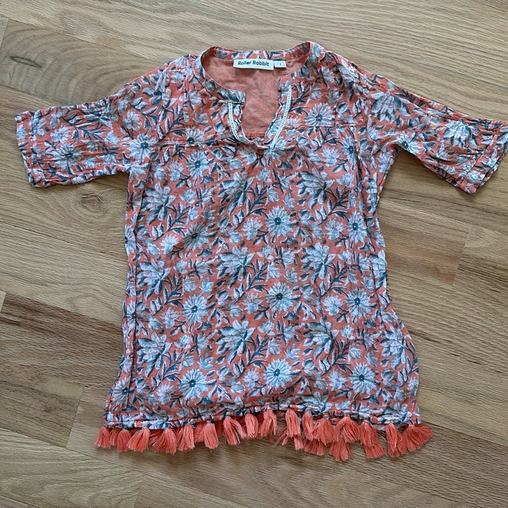 Roller Rabbit Kids lightweight peach dress, flower print & tassels, girls sz 2T